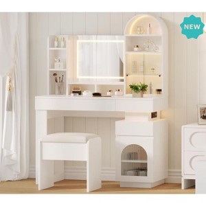 Jojoka White Vanity Desk with Mirror and Lights, Makeup Vanity Set with 5 Drawers, Stool, Charging Station & 3-Color LED Lighting - 1 of 4