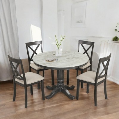 5-Piece Solid Wood Dining Table Set with 4 Chairs, Modern Marble-Style Table, Rubberwood Frame for Kitchen or Dining Room