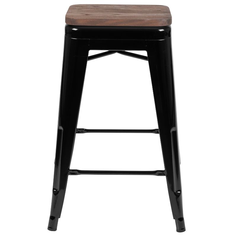 Merrick Lane 24 Inch Tall Stackable Metal Bar Counter Stool With Textured Elm Wood Seat In Set Of 4, 5 of 18