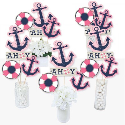 Big Dot of Happiness Ahoy - Nautical Girl - Baby Shower or Birthday Party Centerpiece Sticks - Table Toppers - Set of 15