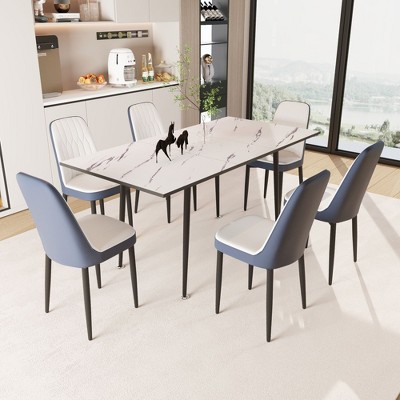 NicBex Kitchen Table Chairs Set Extendable Dining Room Table with MDF Tabletop and 6 Thick Cushion PU Chairs for Dining Room