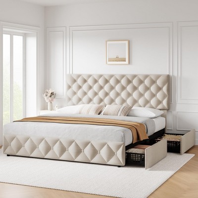 Bed Frame with 4 Storage Drawers, Faux Leather Upholstered Platform Bed Frame with Adjustable Headboard
