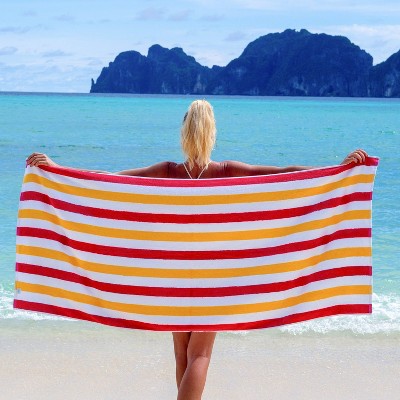 Oversized Red and Yellow Cotton Striped Beach Towels, 4-Pack