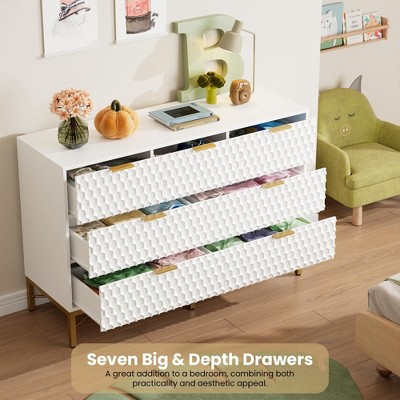 White 7-Drawer Dresser with Honeycomb Panels and Gold Metal Frame