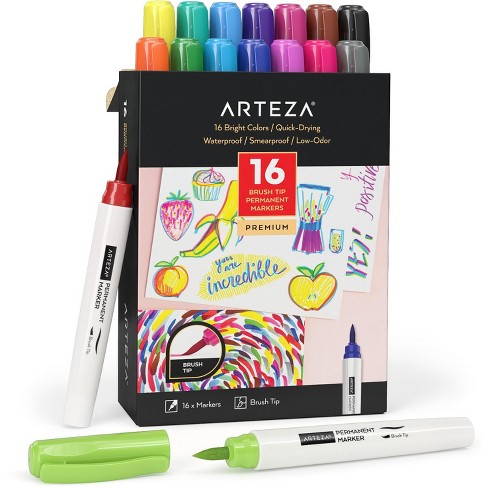 Arteza Set Of 16 Permanent Markers, Assorted Colors, Brush Nib