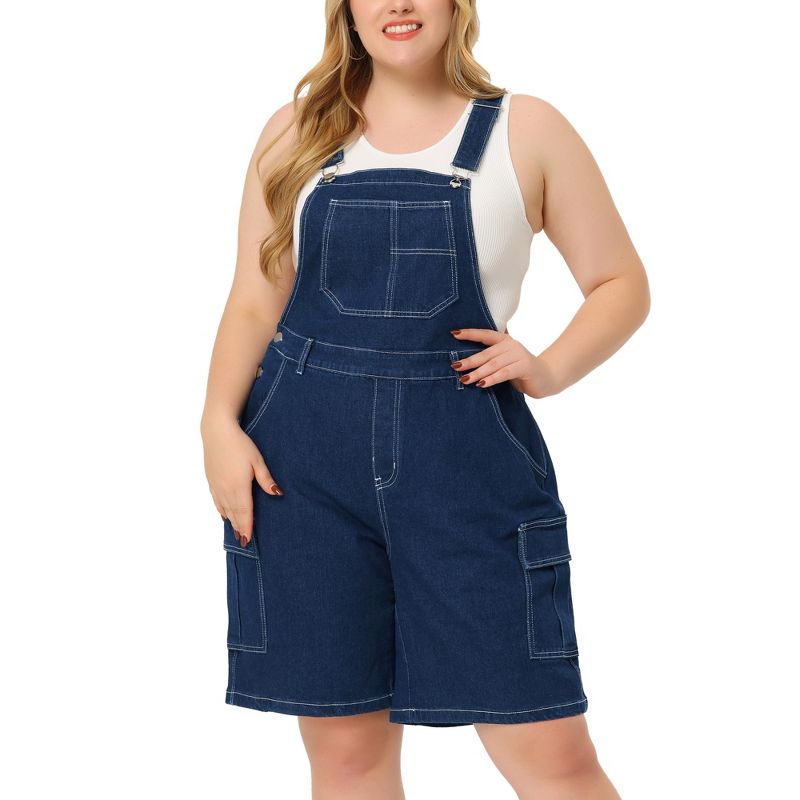Agnes Orinda Women's Plus Size Denim Overalls Cross Back Cargo Pocket Adjustable Strap Jeans Shortalls, 2 of 7