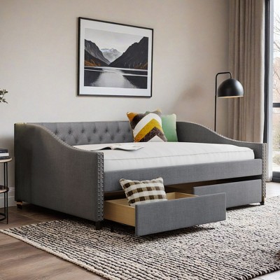 Full Size Upholstered daybed with Two Drawers, Wood Slat Support - Leovsnove