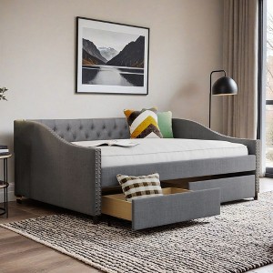 Full Size Upholstered daybed with Two Drawers, Wood Slat Support - Leovsnove - 1 of 4