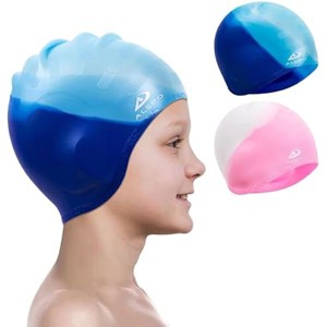DSANE 2 Pack Kids Swim Caps for Boys Girls, Durable Silicone Swimming Cap with 3D Ear Pockets for Age 3-15 Toddler Child Youth Teen Unisex - 1 of 1