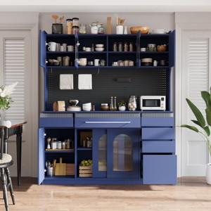 63'' Kitchen Storage Cabinet with Hutch, MDF Coffee Bar Cabinet with Drawers and Adjustable Shelves and Power Outlet for Kitchen - The Pop Home - 1 of 4