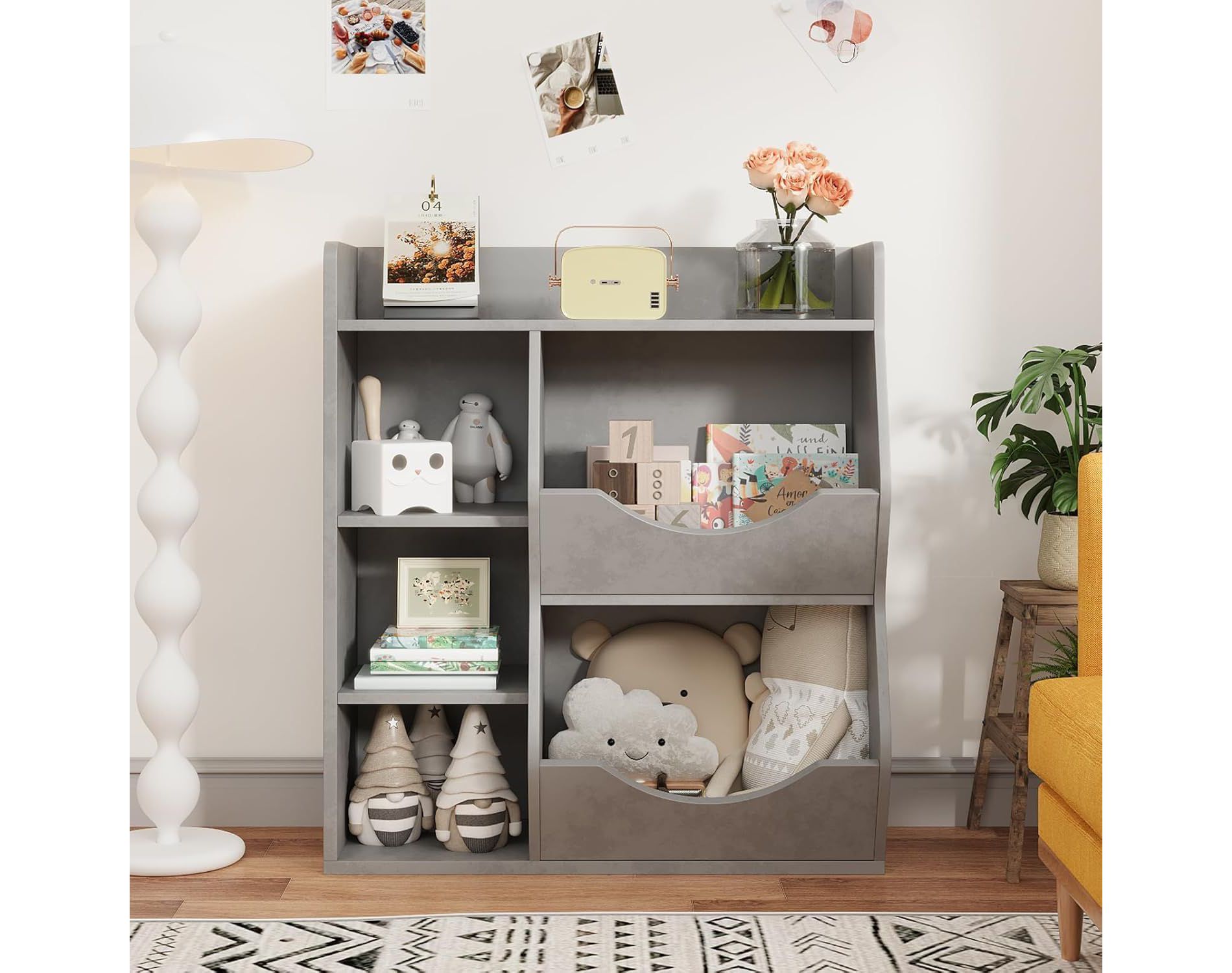Acekool Kids Bookshelf and Toy Storage Organizer, 3-Tier Bookcase with 5 Cubes, Double-Sided Display & Top Shelf for Playroom, Bedroom, White