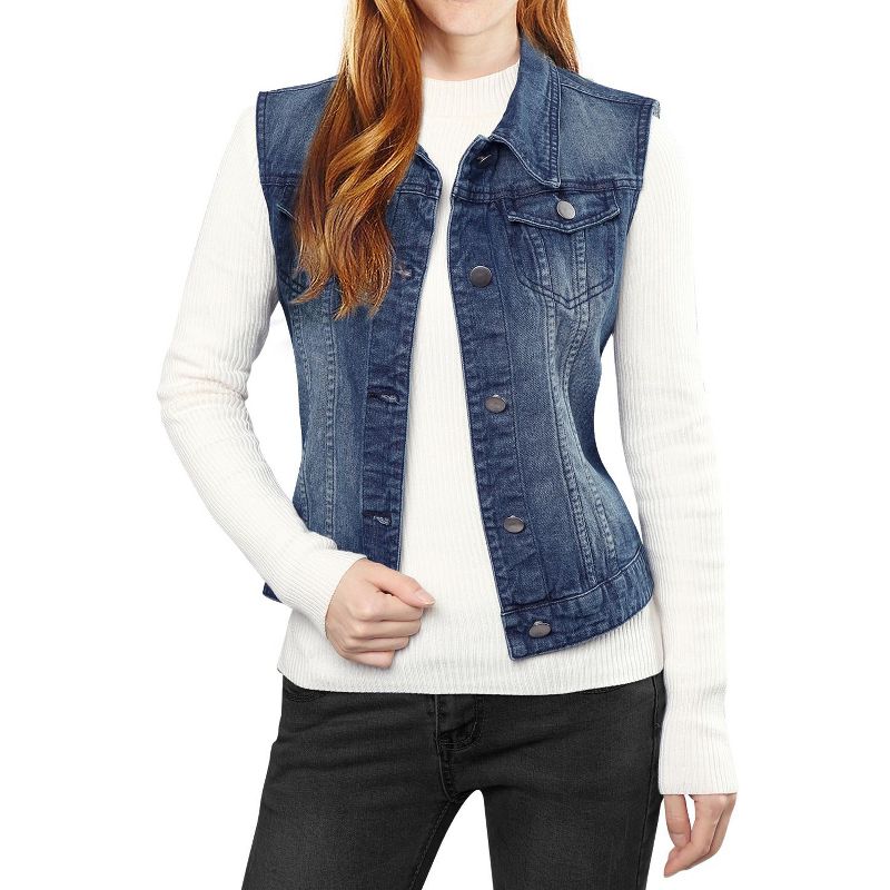 Allegra K Women's Buttoned Washed Denim Vest with Faux Chest Flap Pockets, 1 of 6
