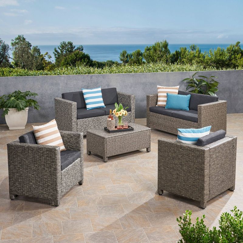 Puerta 5pc Faux Rattan Loveseat Chat Set - Mix Black/Dark Gray - Christopher Knight Home, 1 of 8