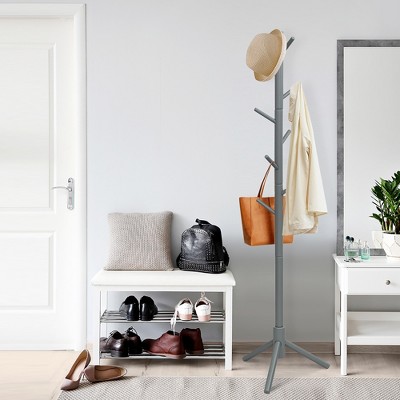 Gray Rubber Wood Adjustable Height Coat Rack with 8 Hooks
