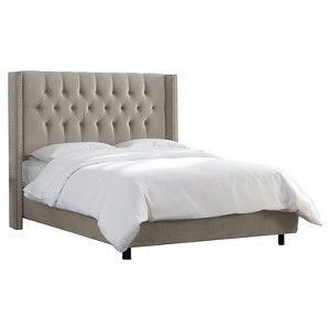 Full Louis Diamond Tufted Nailbutton Wingback Bed Medium Gray Velvet with Black Nailbuttons - Skyline Furniture