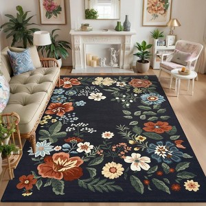 2'*6' Rugs Non-Slip ¨C Floral Print Area Rug Soft Low Pile Carpet | Machine Washable Black Throw Rug with TPR Backing - 1 of 4