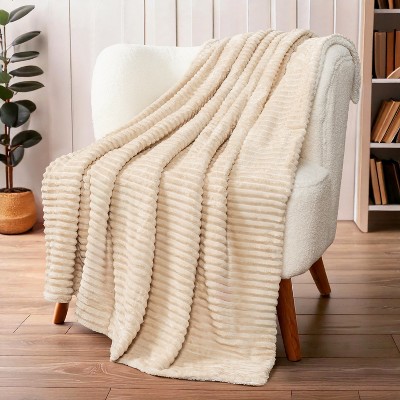 Cream Beige Reversible Sherpa Fleece Throw Blanket