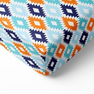 Bacati - Aztec Print Kilim Aqua Orange Navy 100 percent Cotton Universal Baby US Standard Crib or Toddler Bed Fitted Sheet - 1 of 4