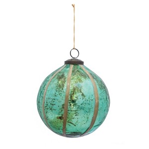 Storied Home Large Glass Ball Ornament with Embedded Eucalyptus Leaves, Turquoise - 1 of 3