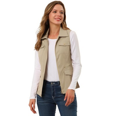 Allegra K Women's Zip-up Sleeveless Turn Down Collar Cargo Utility Vest ...