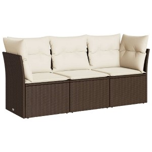 vidaXL 3 Piece Patio Sofa Set with Cushions Brown and Cream Poly Rattan - Without Table - 1 of 4
