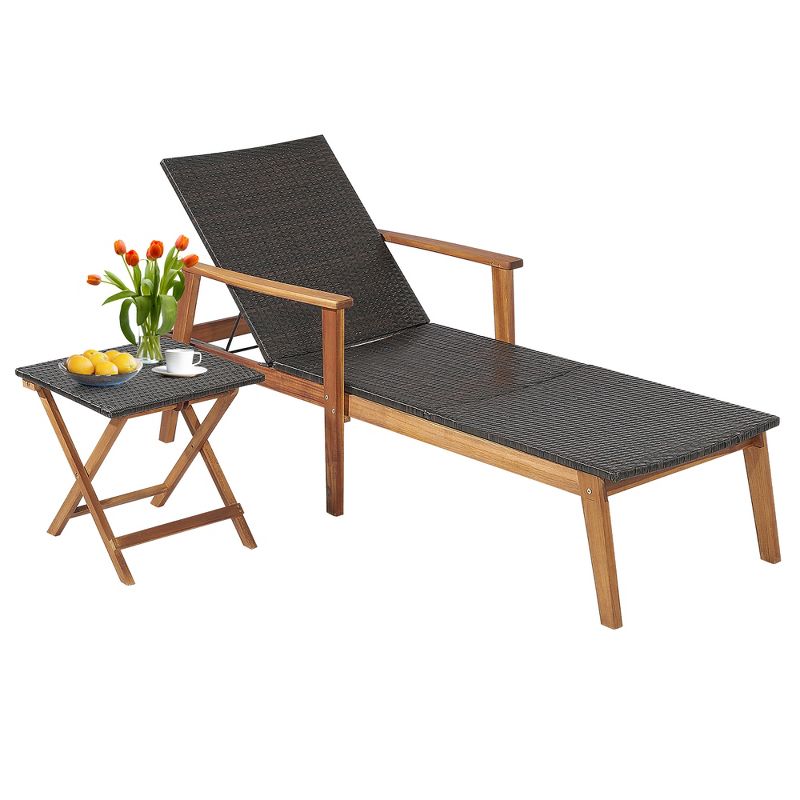 Costway 2PCS Patio Rattan Lounge Chair Chaise Recliner Wood Back Adjust W/Folding Table, 2 of 11