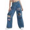 Mocamel Girl's Printed Wide Leg Ripped Casual Jeans with Pocket and High Waist Elastic Band - 4 of 4
