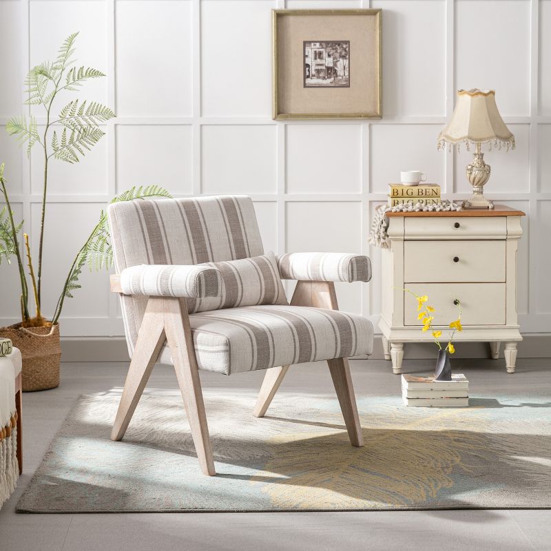 Megan 27.56" Wide Striped Upholstered Seat and Lumbar Pillow With Oak "V" Shape Solid Wood Legs Accent Chair With Arm Pads-The Pop Maison, 2 of 10
