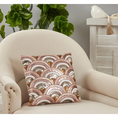 Pink and Gold Beaded Embroidered Square Pillow Cover