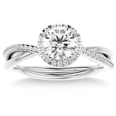 Pompeii3 1 1/5Ct TW Moissanite & Diamond Halo Crossover Engagement in Ring 10k Gold
