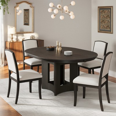 5-Piece Farmhouse Round Pedestal Extendable Dining Table Set,41"-57" Kitchen Table with 16" Removable Leaf and 4 Upholstered Chairs-Baofuwish