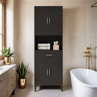 70.9" High Freestanding Tall Bathroom Cabinet with a Drawer, 2 Cabinets, 4 Soft-Close Doors, 2 Adjustable Shelves, Open Storage - Leovsnove