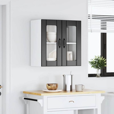 CLIHOME 2 Doors Contemporary Kitchen Wall Storage Cabinet Engineered Wood and Glass