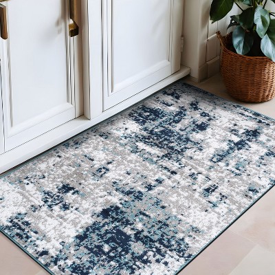 Distressed Blue and Gray Synthetic Abstract Rectangular Rug