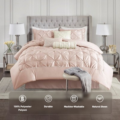 7 Pcs Faux Silk Bedding Set, Solid Color RIAB Royal Style Comforter Set, Tufted Dimensional Design Smooth Edge Comforter with Matching Pillow Cases