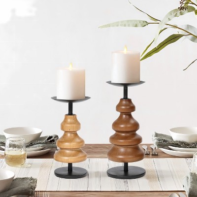 Birch Wood and Black Iron Pillar Candle Holder Set
