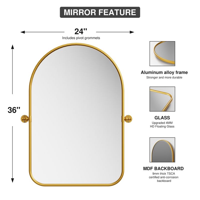 Neutypechic Arched Metal Frame Pivot Wall Mirror Bathroom Vanity Mirror Set of 2 - 36"x24", Gold, 3 of 8