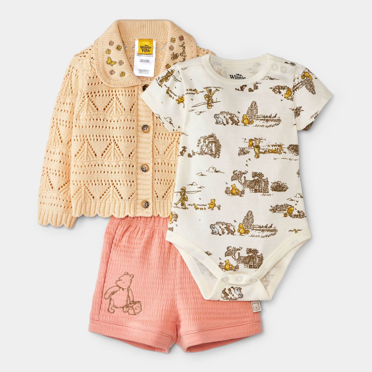 Baby Girls' 3pc Disney Winnie the Pooh Collection Bodysuit, Cardigan and Shorts Set - Yellow - thumbnail 2