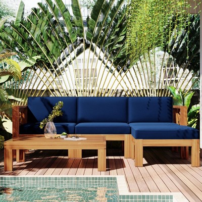 5-Piece Outdoor Patio Wood Sectional Sofa Set with Cushions,Acacia Wood X-Back Seating Group with Ottoman And Tea Table-Maison Boucle