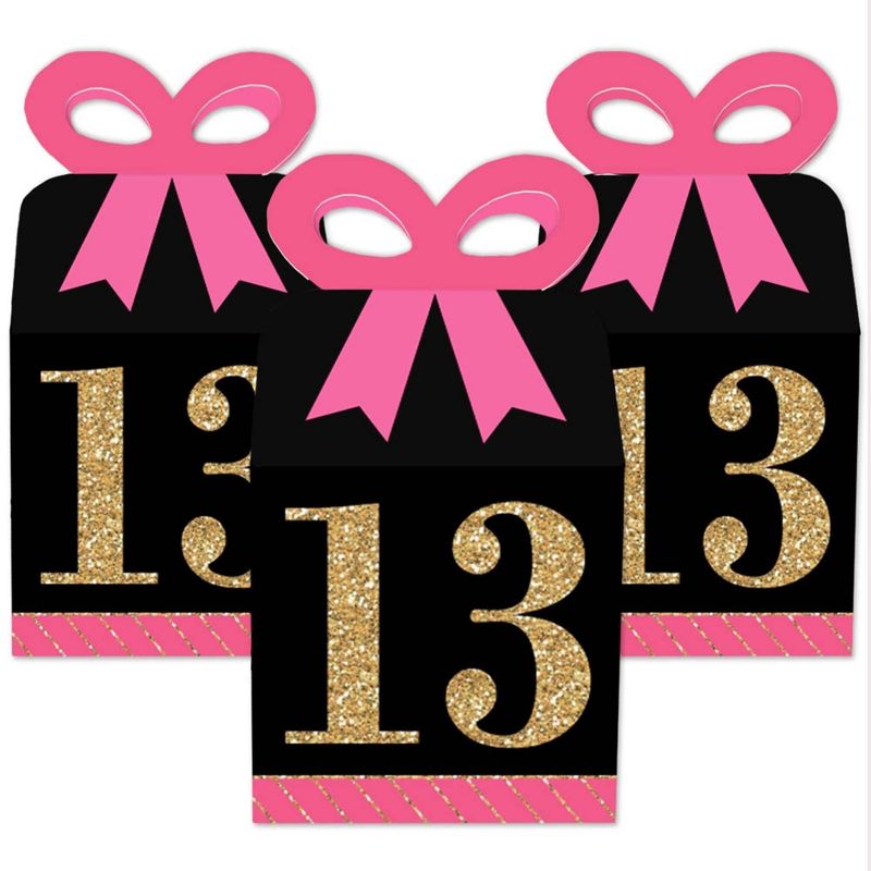Big Dot of Happiness Chic 13th Birthday - Pink, Black and Gold - Square Favor Gift Boxes - Birthday Party Bow Boxes - Set of 12, 2 of 9