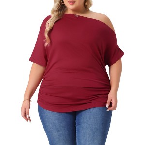 Agnes Orinda Women's Plus Size One Shoulder Short Sleeve Ruched Solid Casual Blouses - 1 of 4