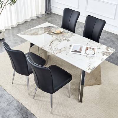 NicBex 5 PCS/7 PCS Sintered Stone Dining Table Set with Sliver Stainless Steel Butterfly Legs,4/6 PU Chairs for Kitchen/Apartment