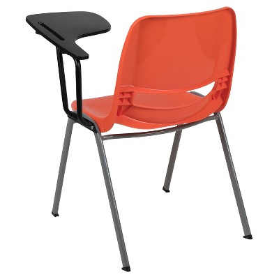 Compact Orange Ergonomic Shell Chair with Flip-Up Tablet Arm