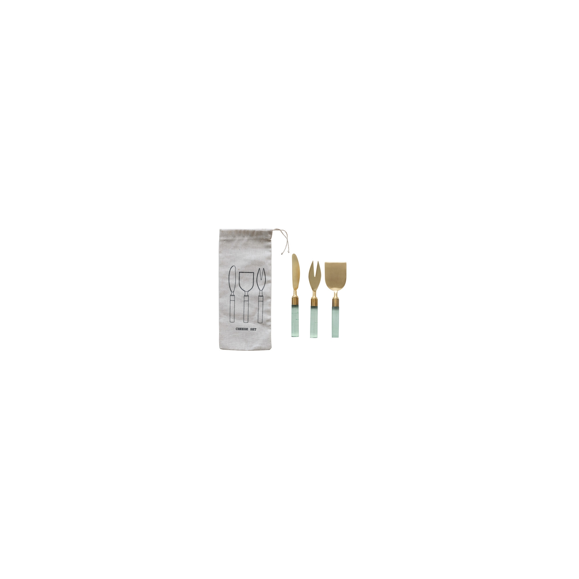 Storied Home 7 Inches Stainless Steel Cheese Utensils with Resin Handles and Printed Drawstring Bag, Brass Finish and Green