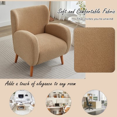 Camel Boucle Upholstered Barrel Accent Chair with Wood Legs