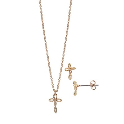 FAO Schwarz Gold Tone Open Cross Pendant Necklace and Earring Set