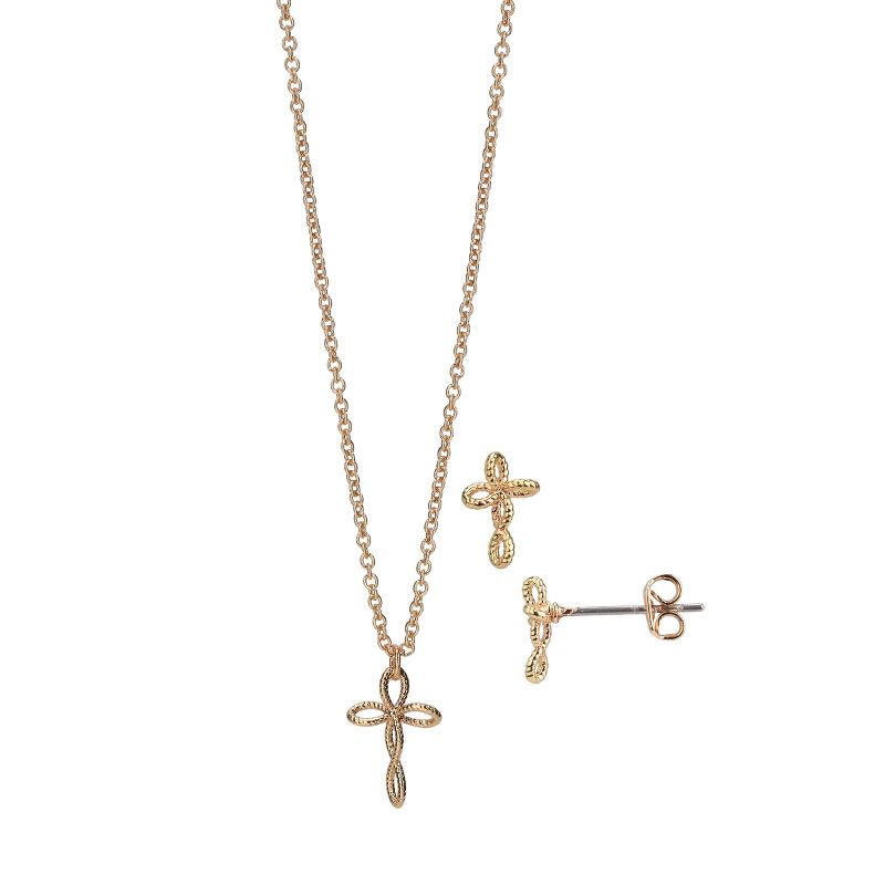 FAO Schwarz Gold Tone Open Cross Pendant Necklace and Earring Set, 1 of 4