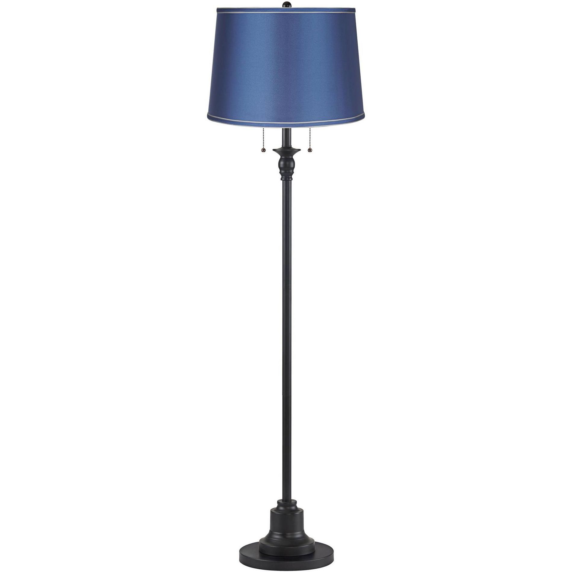 360 Lighting Dyna Traditional 58" Tall 2-Light Standing Floor Lamp Skinny Pole Pull Chain Black Finish Living Room Bedroom House Drum Royal Blue Shade
