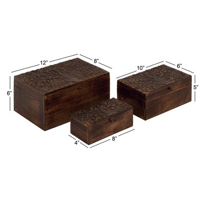 Rustic Hand-Carved Mango Wood Lidded Boxes Set of 3