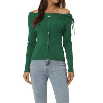 Seta T Women's Off The Shoulder Ribbed Knit Casual Long Sleeve Solid Pullover Sweater